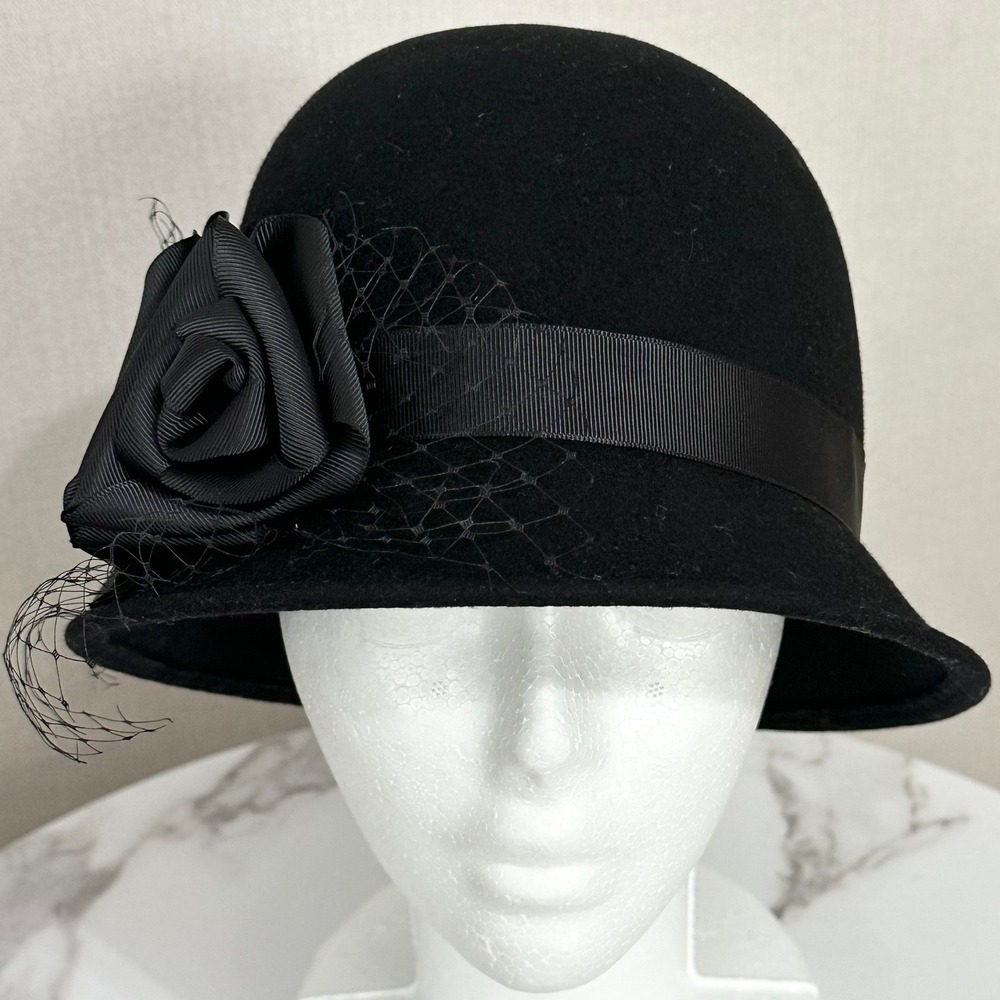 Giovannio Black Wool Felt Cloche Hat Rosette Veil Church Derby Formal Gatsby